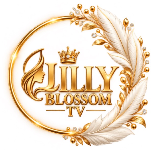 Lilly Blossom TV logo: a gold crown, a woman's profile and white feathers in a golden ring